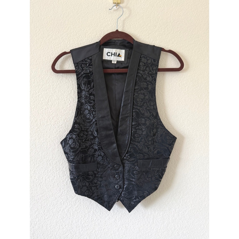 CHIA Vintage Womens Black Leather Brocade Tuxedo Vest Floral Damask Sz S Grunge